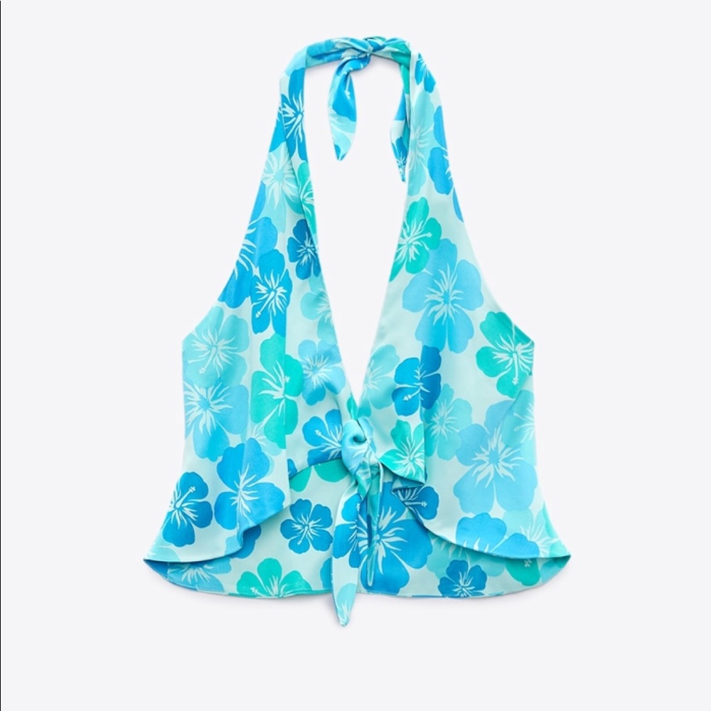 Zara Blue Satin Effect Floral Tie Tank